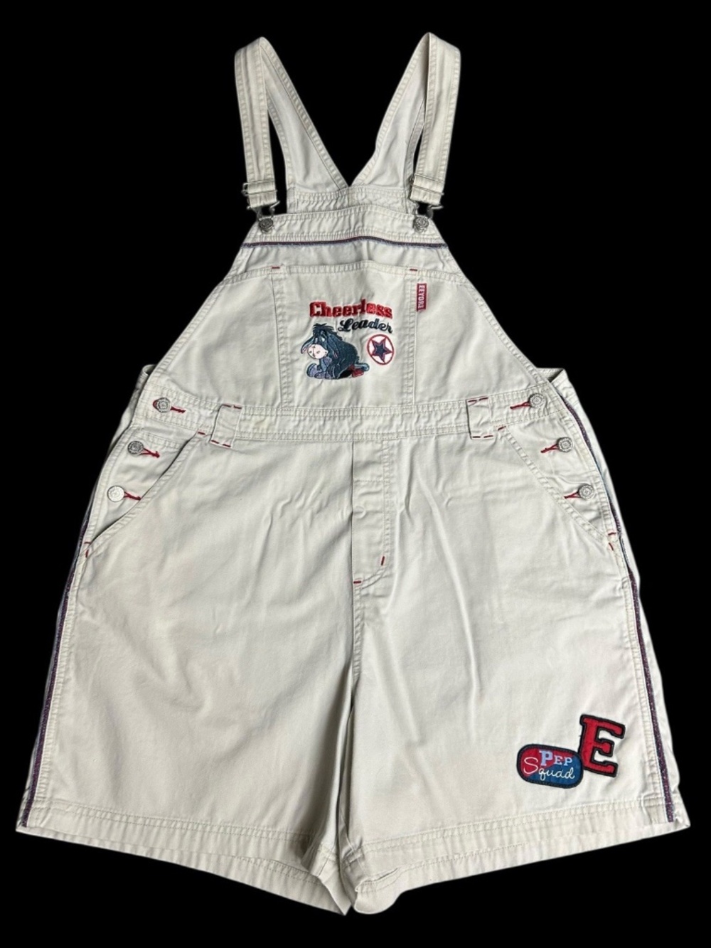 Disney Plus Denim Bib Overalls Shorts Womens 14W/16W Eeyore Cheerless Leader vtg